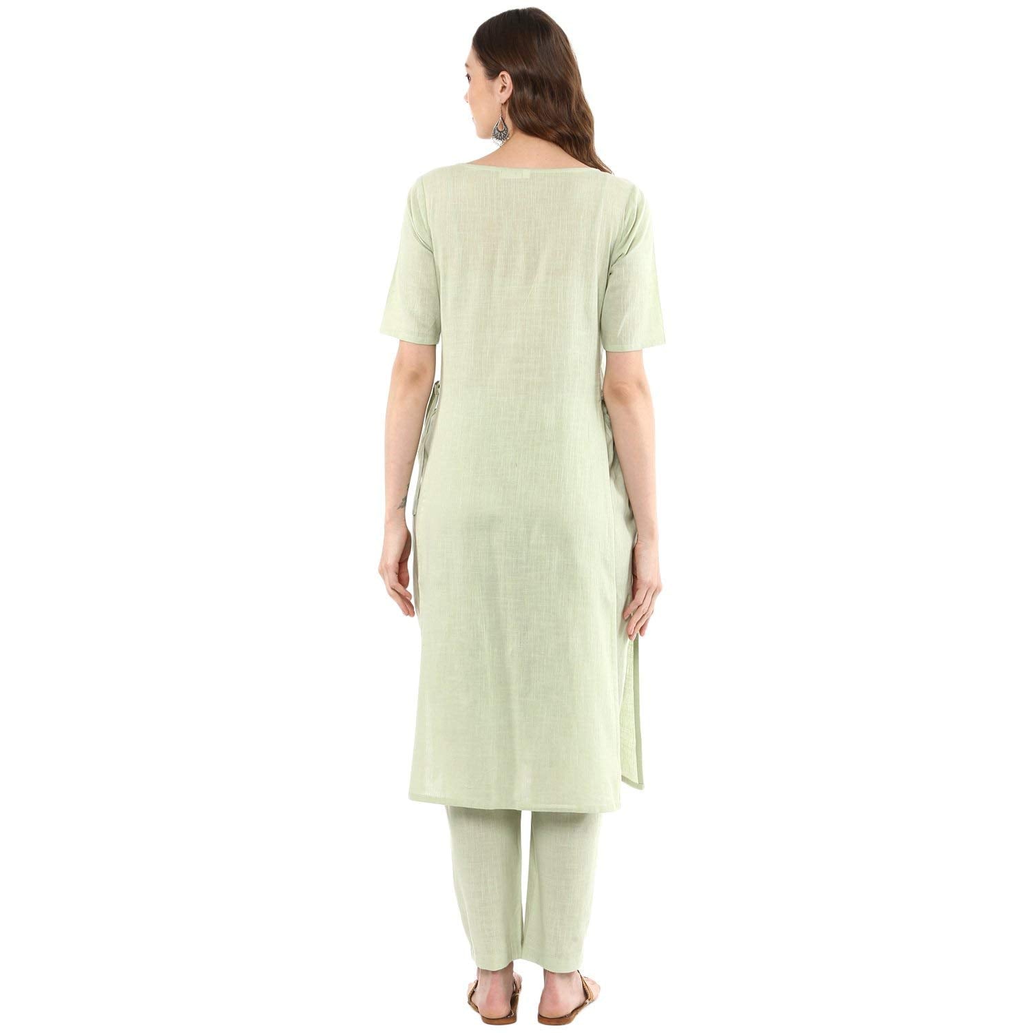 Idalia Sage Green Solid Straight Kurta Set For Women 3/4 Sleeve, Round V Neck Designer Kurta With Pant