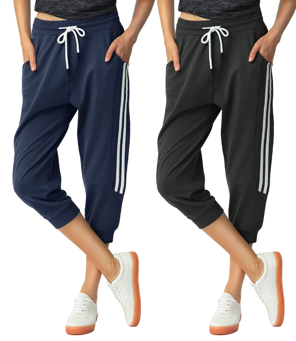 SPECIALMAGIC Capri Sweatpants for Women Casual Capri Pants Capri Joggers Sports Pants Cropped Joggers with Pockets Black+Navy M