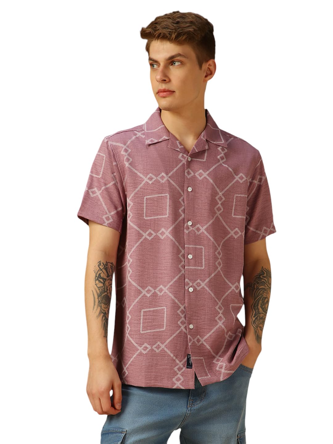 Dennis Lingo Men Pink Printed Polyester Relaxed Fit Cuban Collar Half Sleeves Casual Shirt