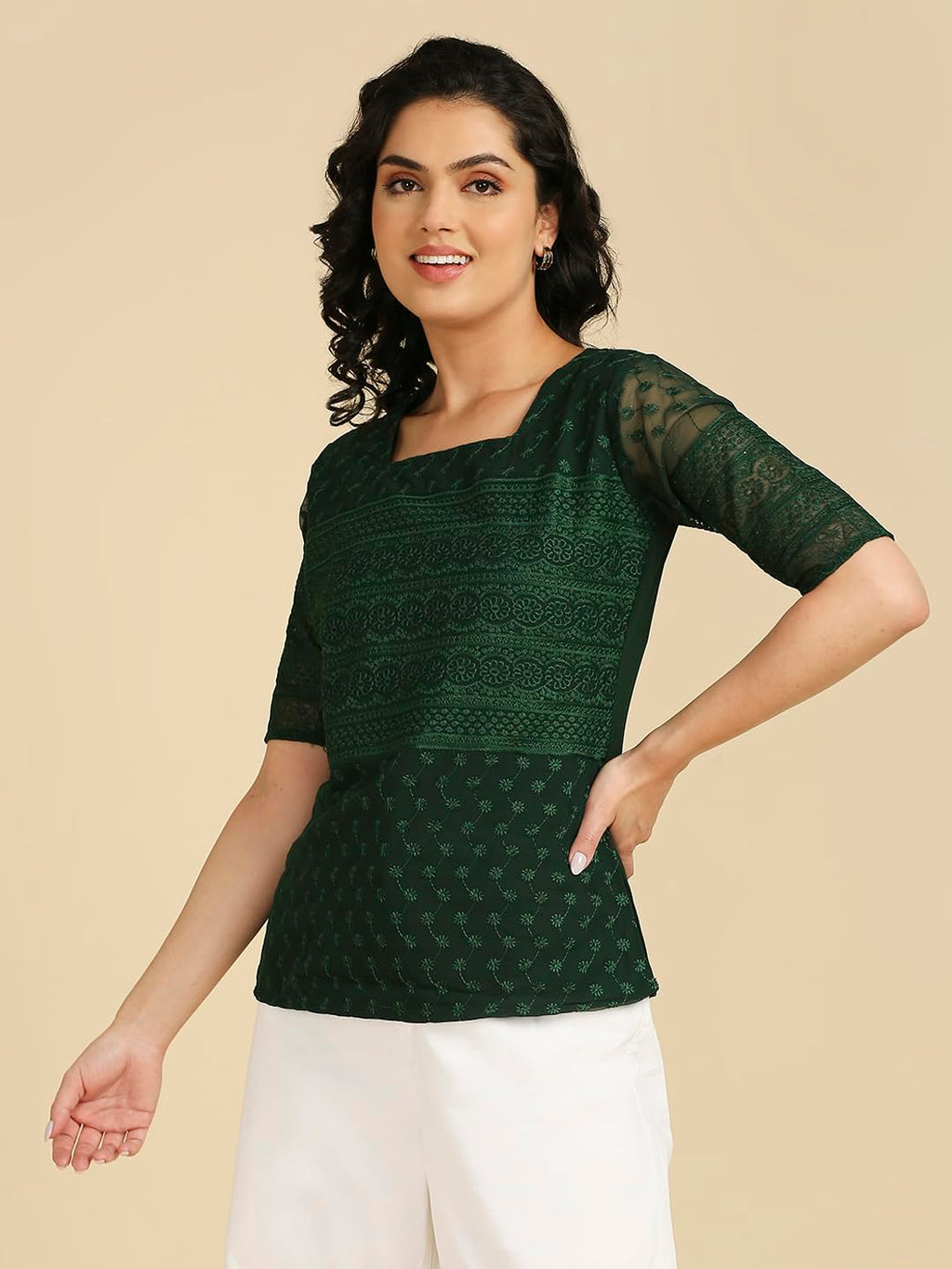 Gufrina WomenS Georgette Top With 3/4Th Sleeves Square Neck Embroidery Work Solid Pattern Regular Fit And Standard Length