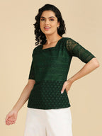 Gufrina WomenS Georgette Top With 3/4Th Sleeves Square Neck Embroidery Work Solid Pattern Regular Fit And Standard Length