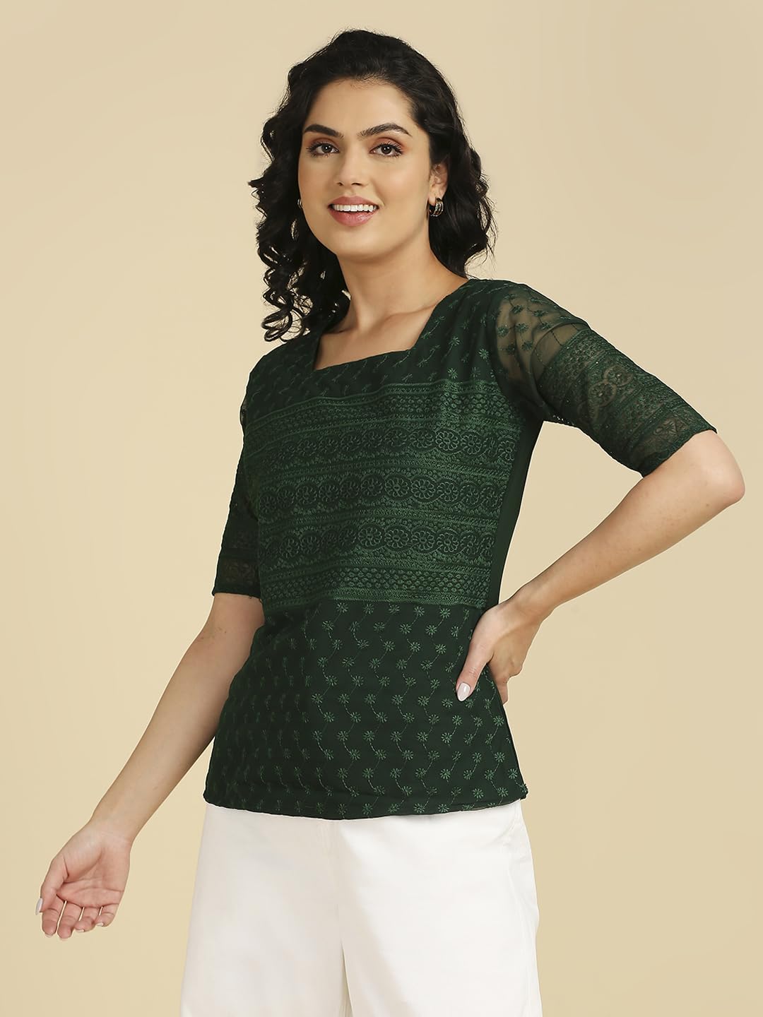 Gufrina WomenS Georgette Top With 3/4Th Sleeves Square Neck Embroidery Work Solid Pattern Regular Fit And Standard Length