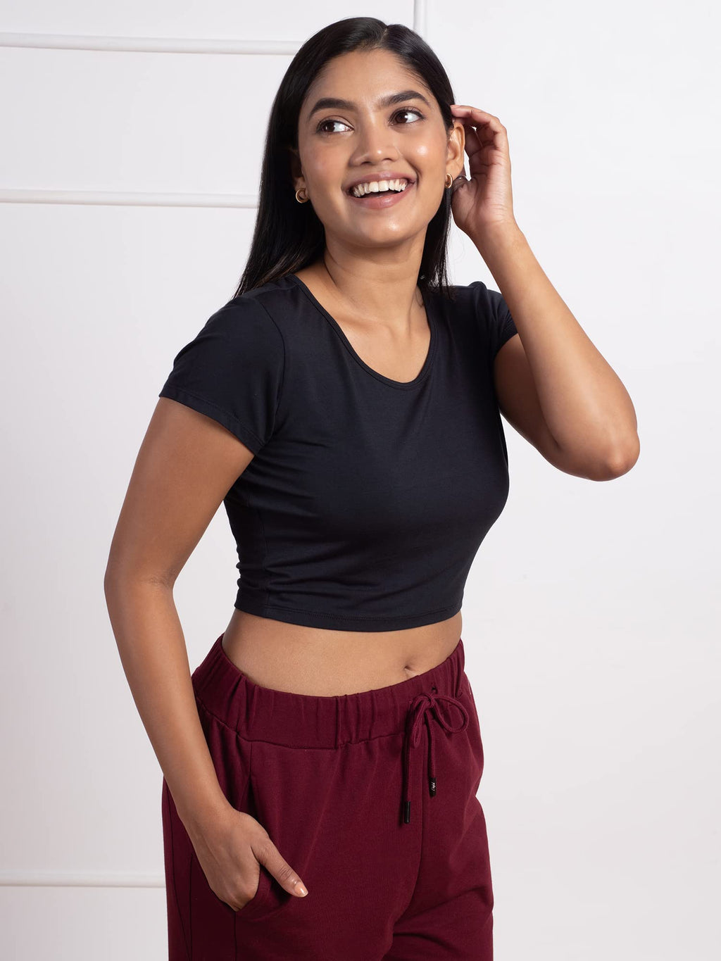 Nykd Stylish Crop Top For Women Wester Wear Short/Cap Sleeve, Round Neckline, Soft Modal Fabric T-Shirts & Tanks, Nyoe011, Jet B
