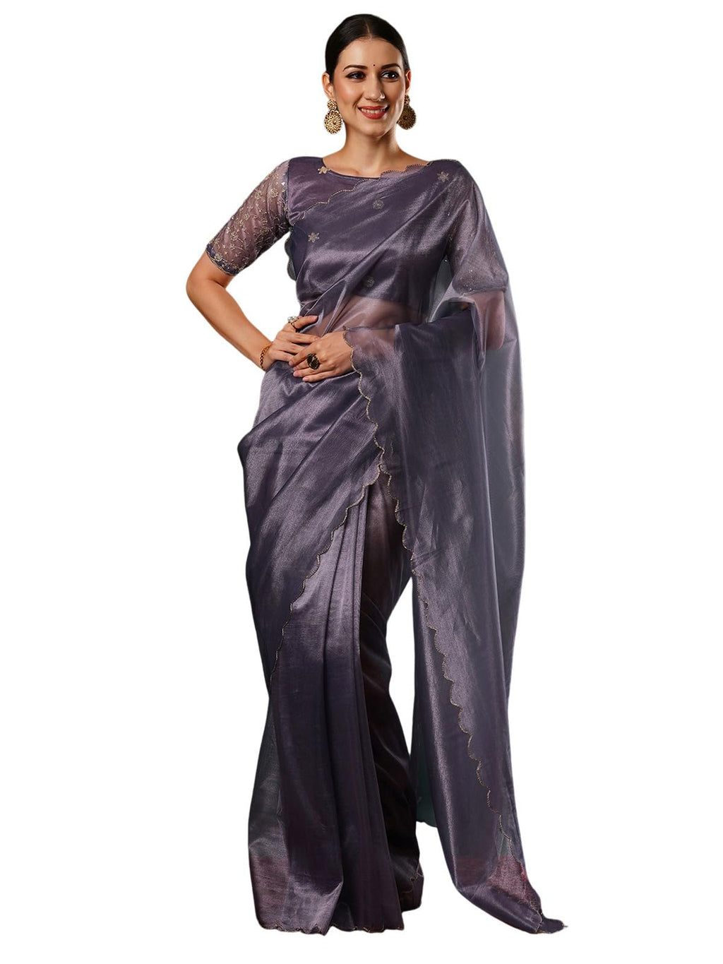 Satrani Womens Shimmer Net Embroidery And Scalloped Border Saree with Unstitched Blouse Piece (3899S446N_Mauve)