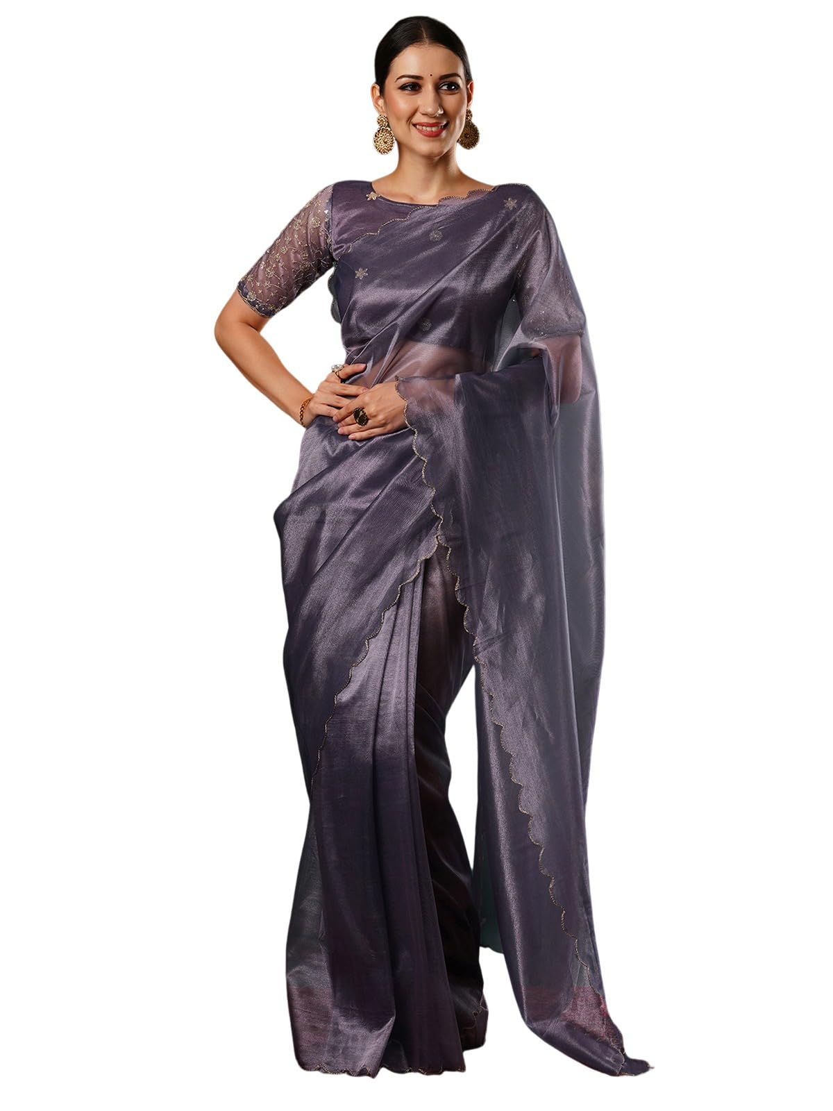 Satrani Womens Shimmer Net Embroidery And Scalloped Border Saree with Unstitched Blouse Piece (3899S446N_Mauve)