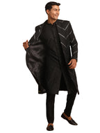 VASTRAMAY Mens Black Viscose Sherwani Set | Set Of Layered Mirror Work Front Open Sherwani Set With Pant Style Pyjama