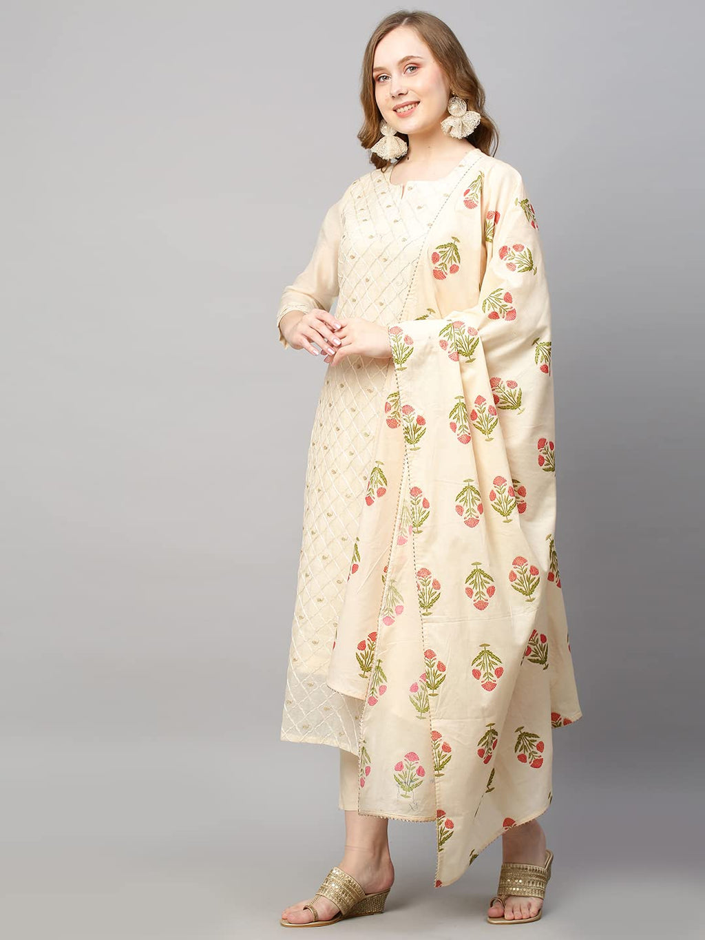ANNI DESIGNER Womens Cotton Blend Embroidered Straight Kurta with Pant & Dupatta (MYSURU-Cream_S_Cream_Small)