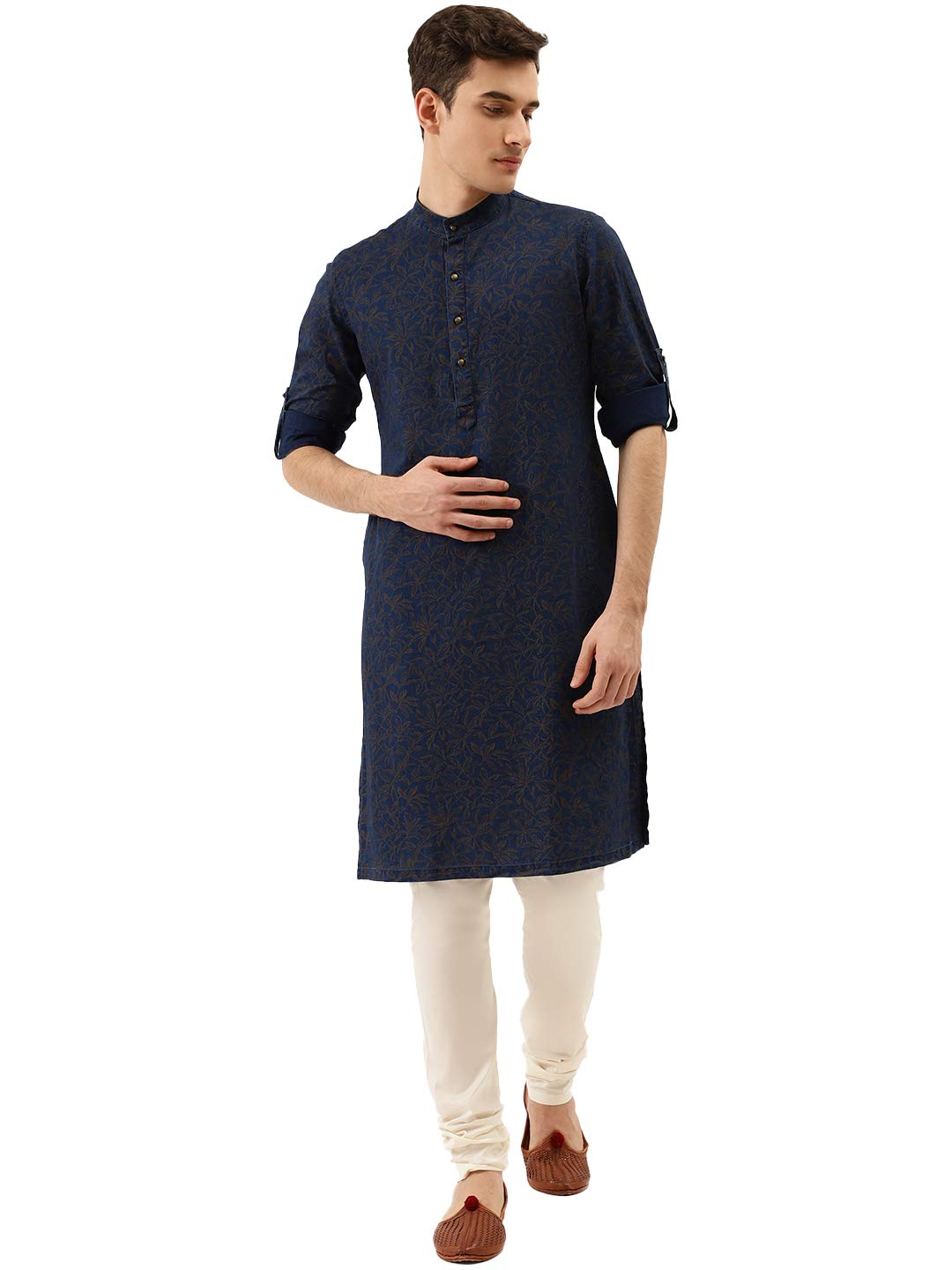Manyavar Denim Leaf Printed Full Sleeves Casual Wear Kurta For Men - (Blue, X-Large)