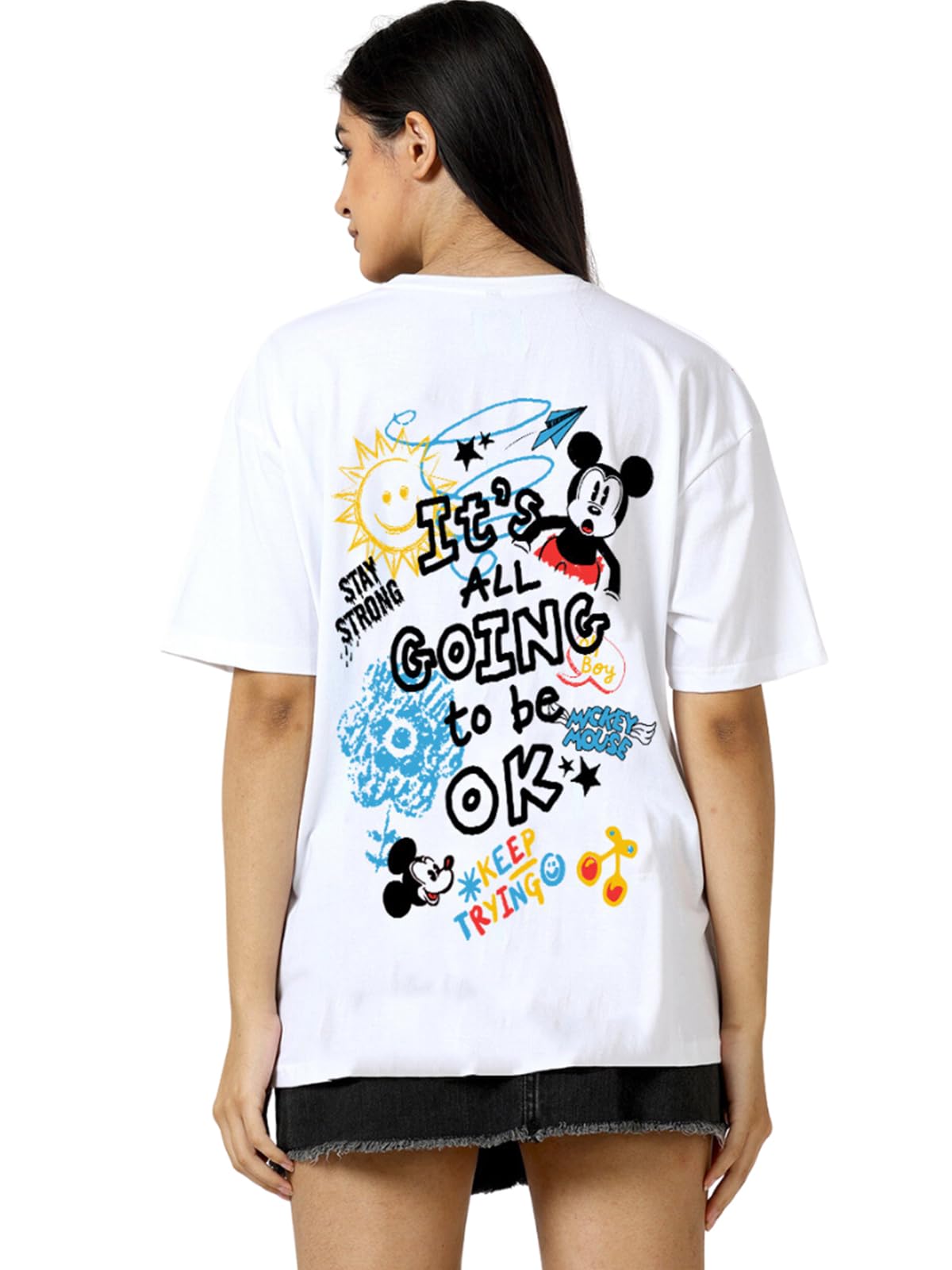 Veirdo Women's Oversized Fit Cotton Disney Mickey Mouse Typographic Back Printed Short Sleeve T-Shirt Women