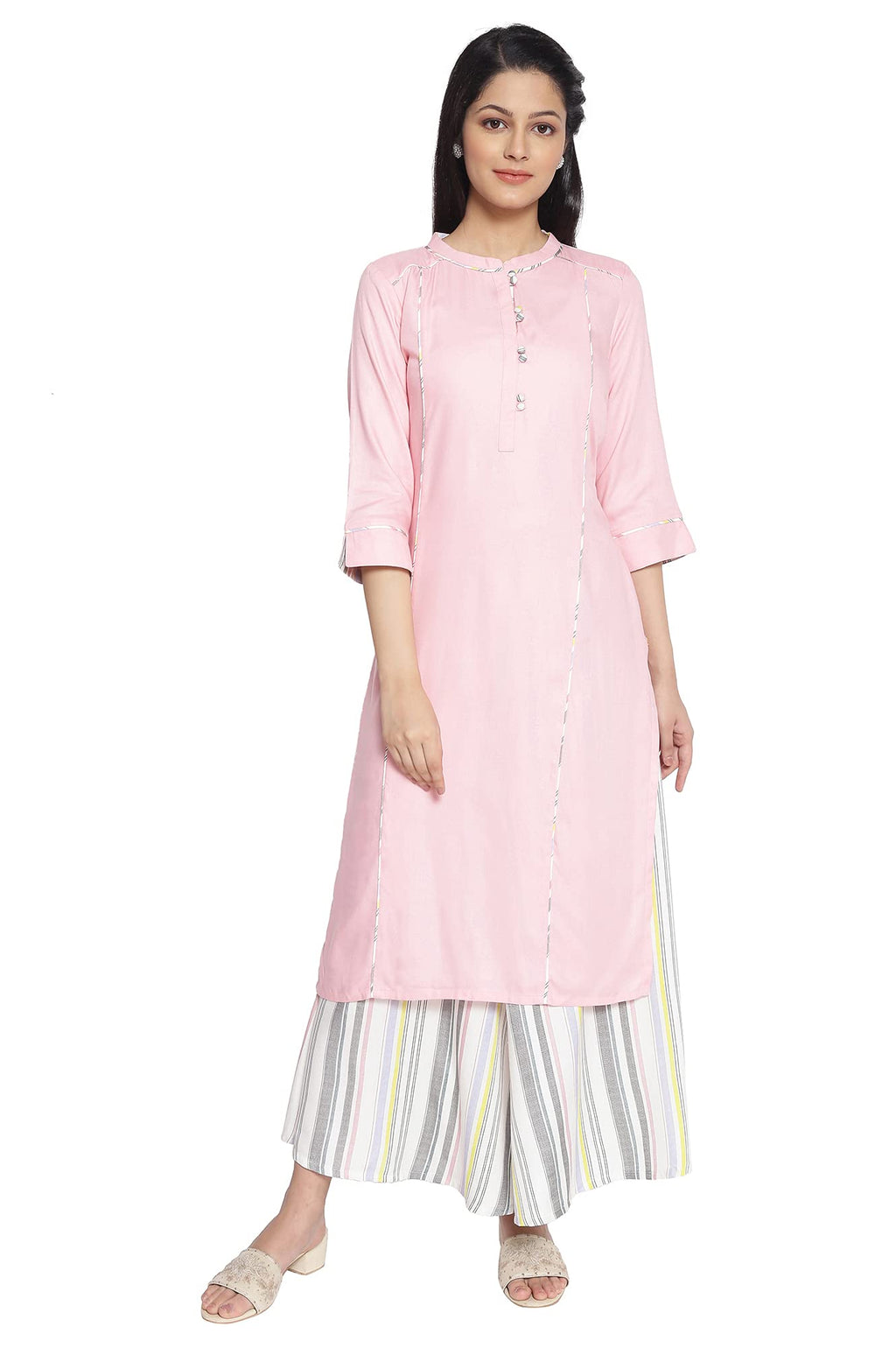 Aurelia Women'S Viscose Baby Pink Geometric Band Collar Straight Kurta_21Aua12367-602830_M