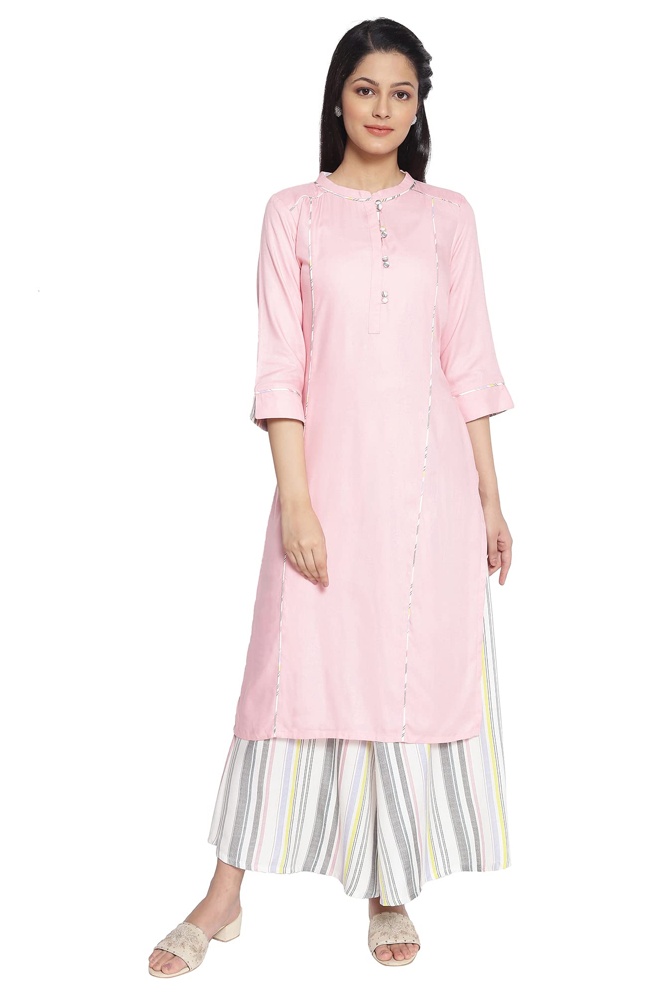 Aurelia Women'S Viscose Baby Pink Geometric Band Collar Straight Kurta_21Aua12367-602830_M