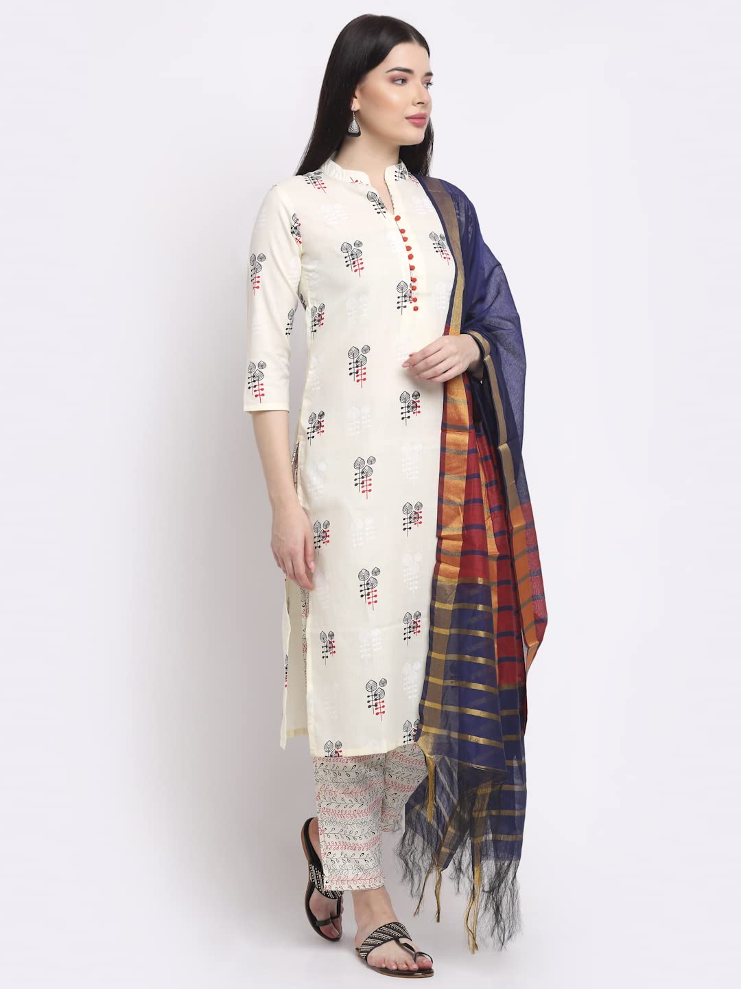 ANNI DESIGNER Womens Cotton Straight Kurta with Pant & Dupatta (KPTD-COT-10003-WHITE_L_White_Large)