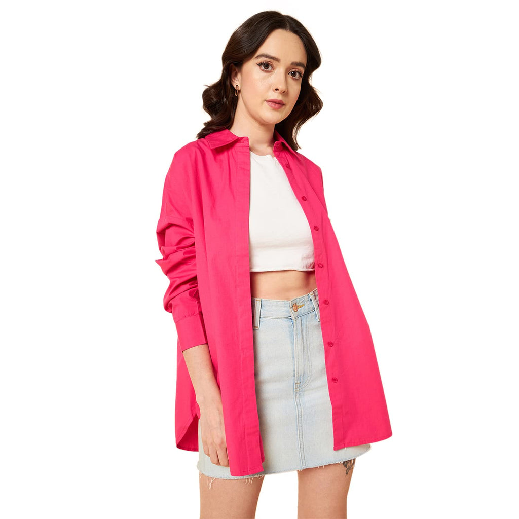 HIGH STAR Womens Solid Oversized Shirts (HSWSHS23001_PN_S_Pink S)