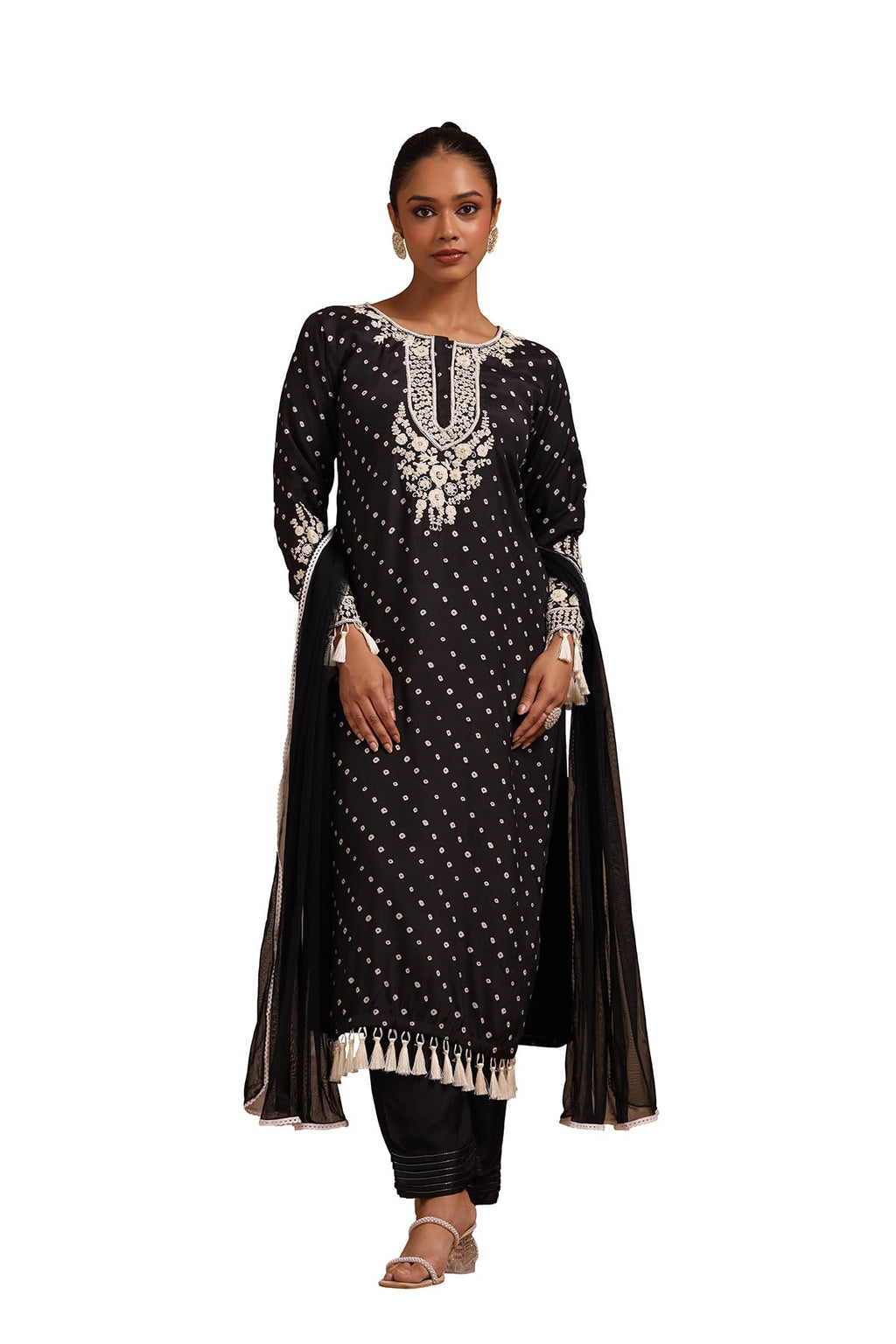 Soch Women Russian Silk Bandhani Print Suit Set with Tassels