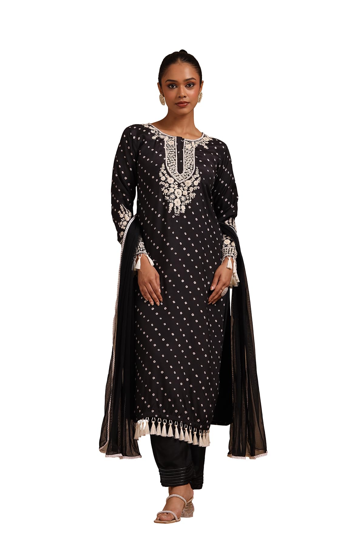 Soch Women Russian Silk Bandhani Print Suit Set with Tassels