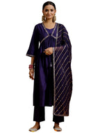 Libas Gerua Womens Solid Silk Blend A-Line Kurta With Trousers And Dupatta