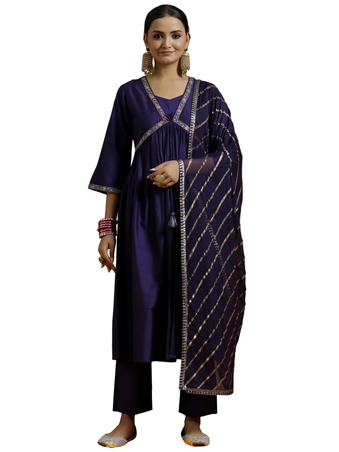 Libas Gerua Womens Solid Silk Blend A-Line Kurta With Trousers And Dupatta