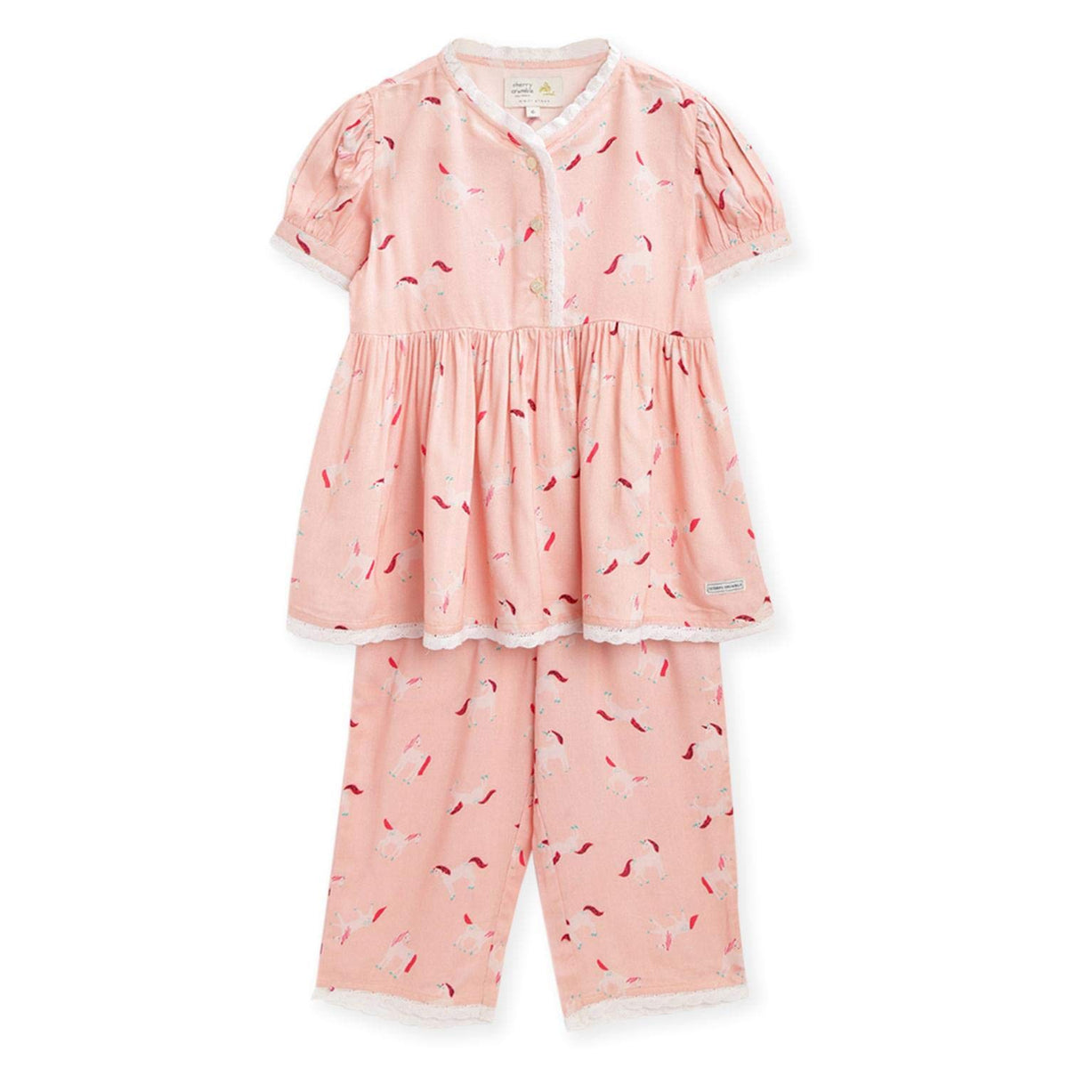 Cherry Crumble Girls Unicorn Print Top and Pyjama Regular Nightsuit (WsGnsuitZ5307_Peach_1824 Months) 18-24