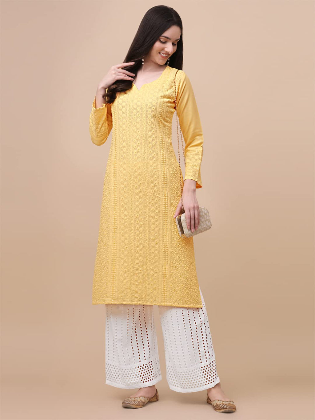 Gufrina WomenS Viscose Rayon Kurta & Palazzo Set With Notch Neck Chikankari Embroidery Work 3/4Th Sleeves Regular Fit And Calf