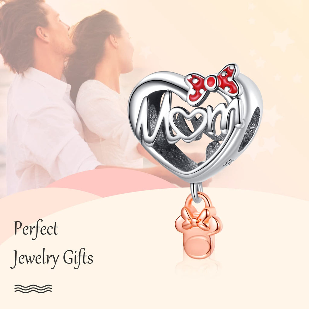 Annmors Lovely Jewelry Love Mom   Dangle Charm in 925 Sterling Silver Mother Heart Charm Dangle for Women Bracelet & Necklace DI