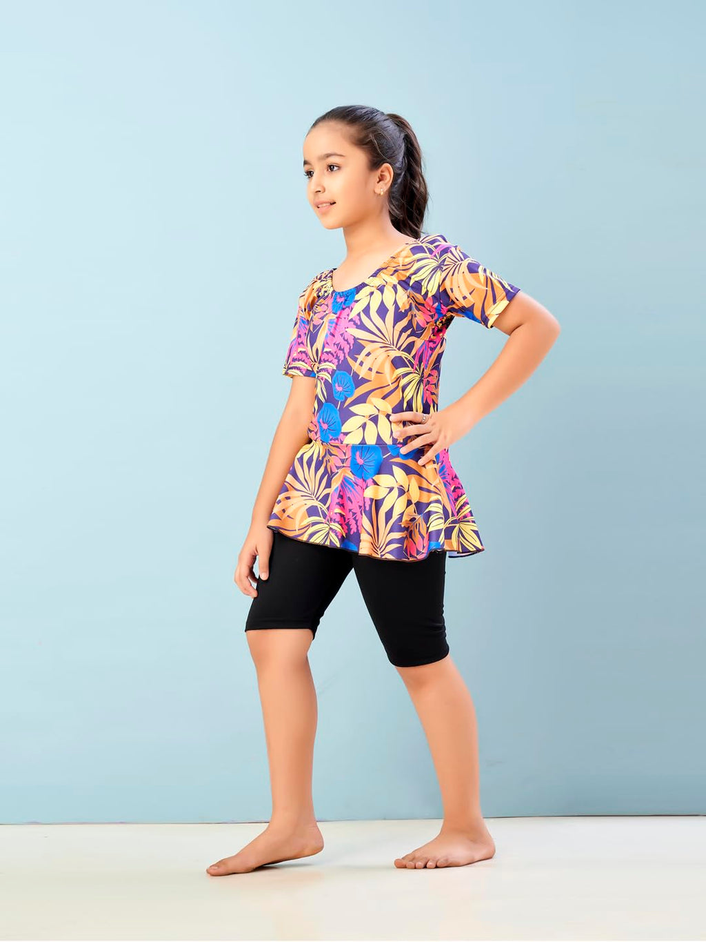 Aarika Girls Sports Wear Yellow-Black Colour Floral Print Nylon Swim Suit (5-15 Years)-(SW-SHM-CA-1111)
