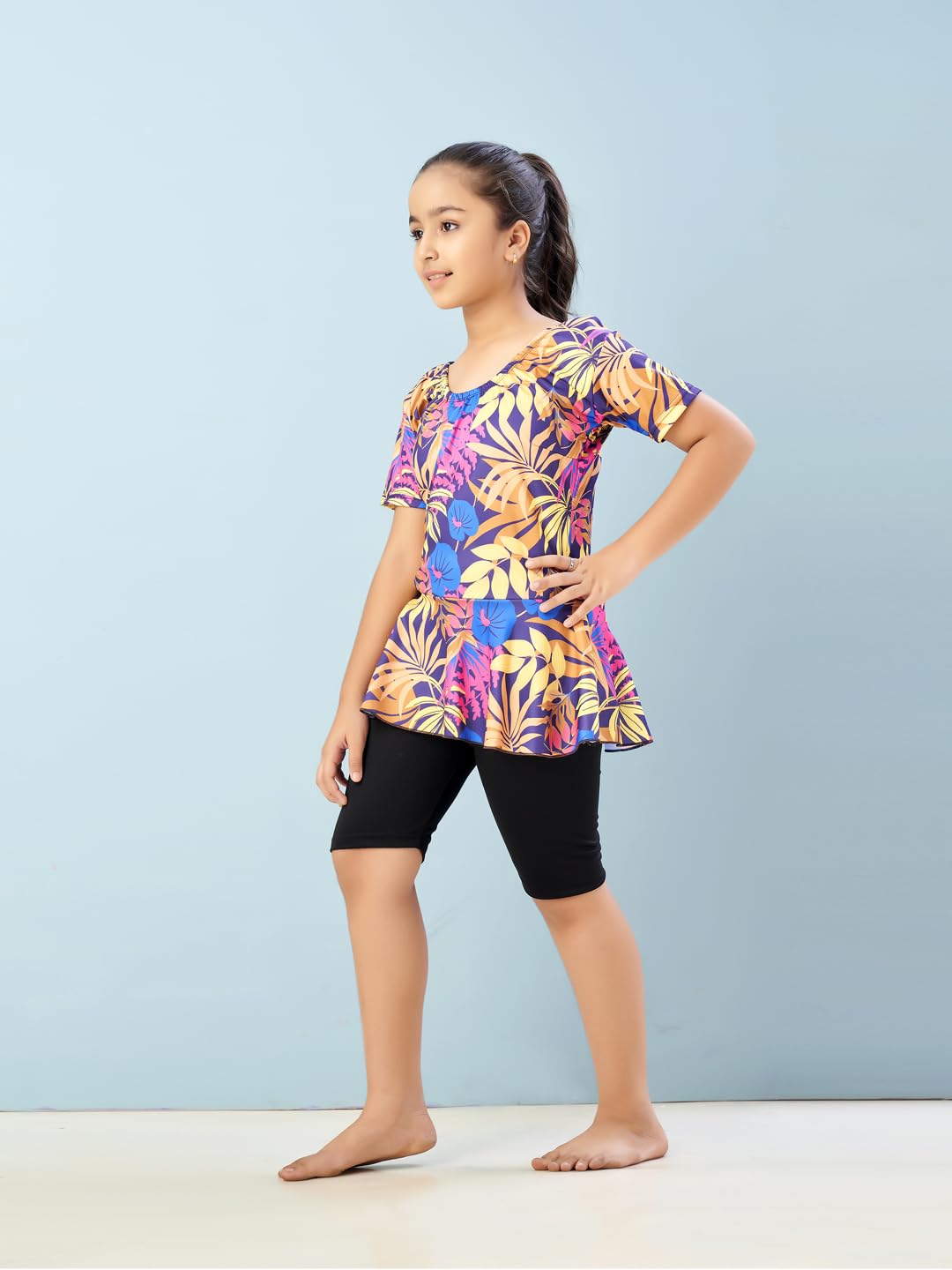 Aarika Girls Sports Wear Yellow-Black Colour Floral Print Nylon Swim Suit (5-15 Years)-(SW-SHM-CA-1111)