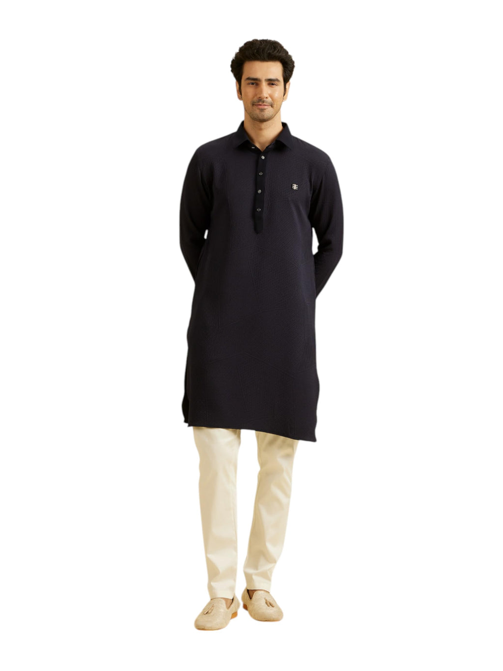 Manyavar Mens Rayon Blend Shirt Collar Solid Long Kurta (Dark Blue,XXL)