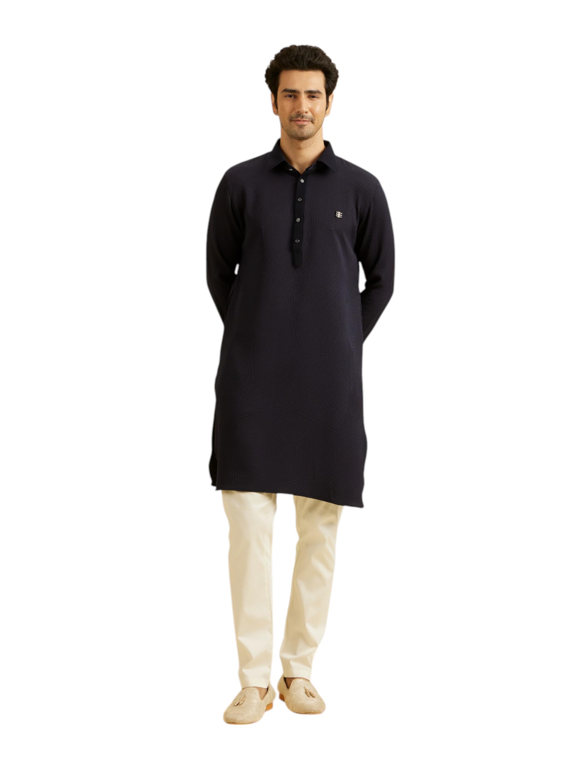 Manyavar Mens Rayon Blend Shirt Collar Solid Long Kurta (Dark Blue,XXL)