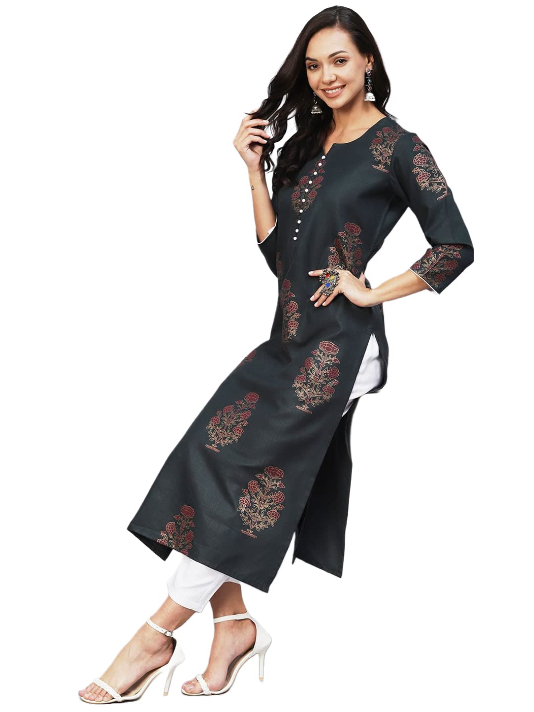ANNI DESIGNER Womens Cotton Blend Straight Printed Kurta with Pant Set (Black009-Green_L_Blue_Large)