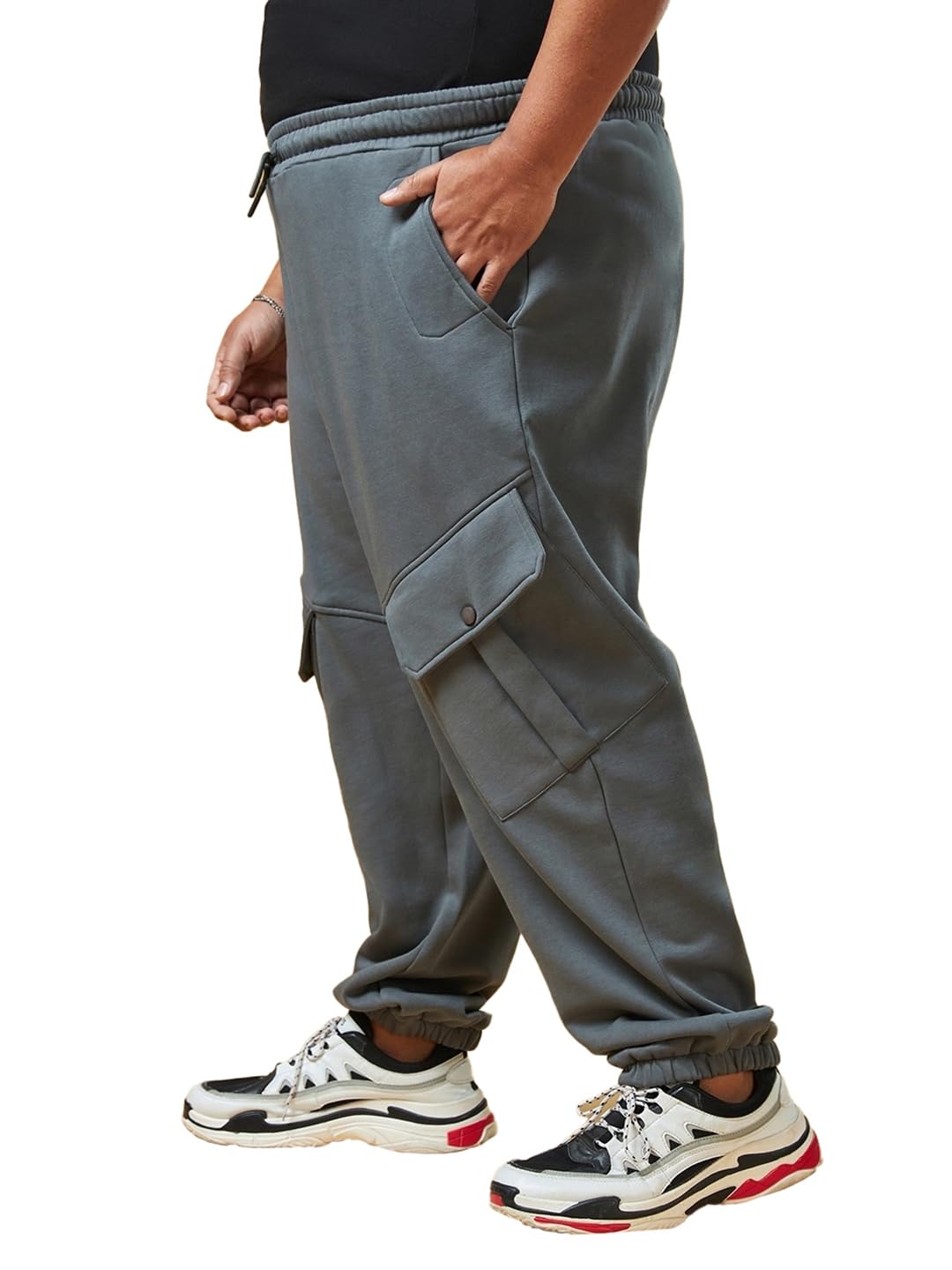 Bewakoof Heavy Duty 1.0 Mens Solid Super Loose Fit Cotton Blend Plus Size Cargo Joggers_617474_Grey_3XL