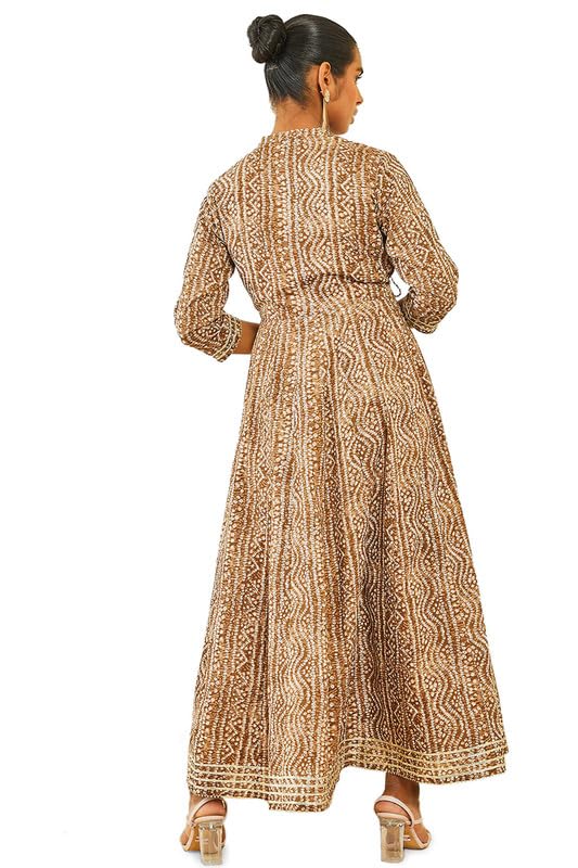 Soch Womens Brown Cotton Bandhani Print Dress Kurta With Mirror Work