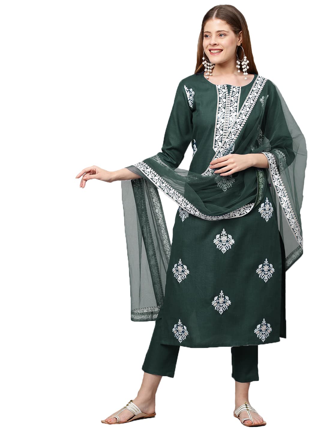 Gosriki Women'S Cotton Blend Straight Embroidered Kurta With Pant & Dupatta (Weekend Green-Nw4-Gs_Xl_Green_X-Large)