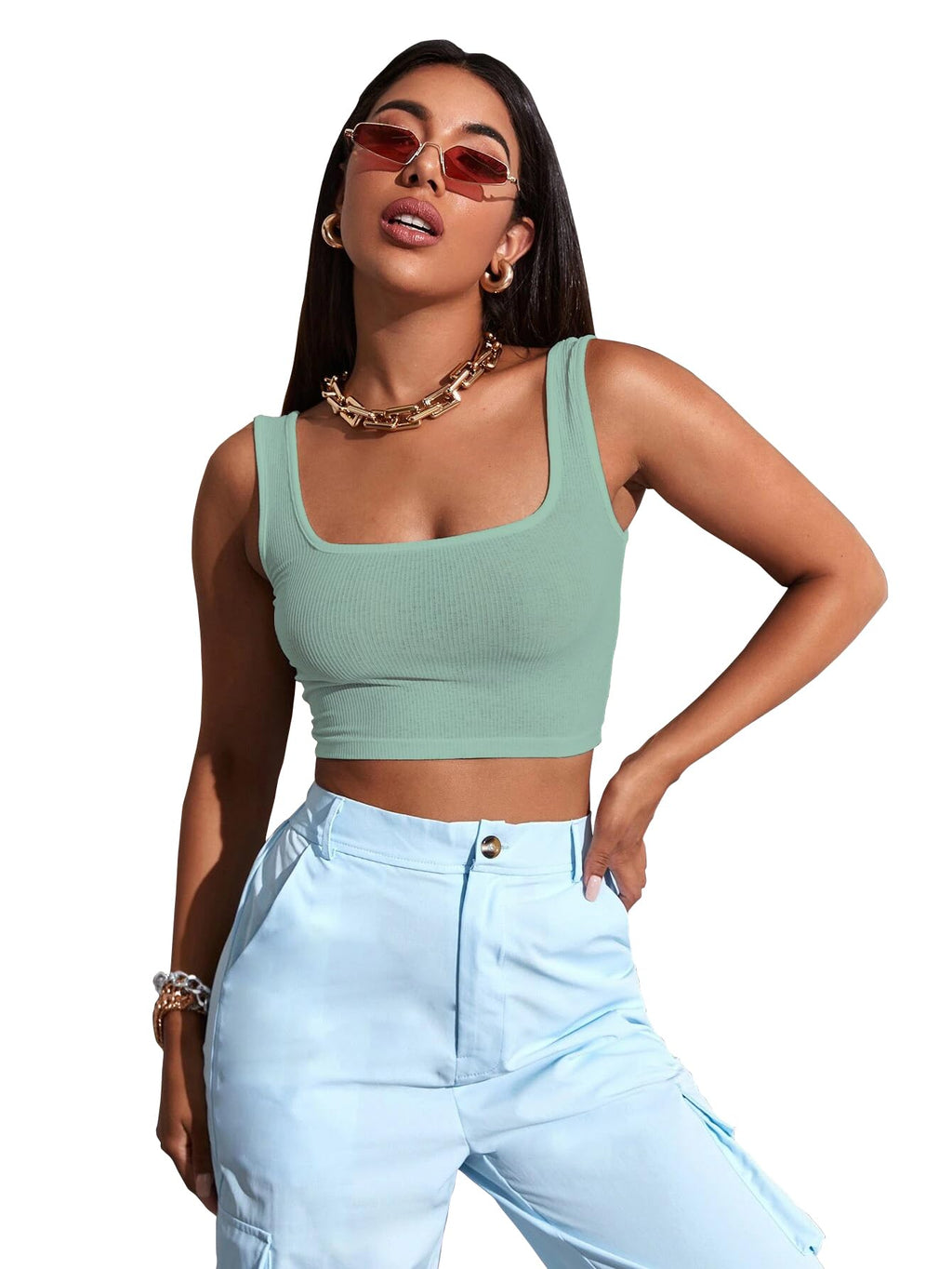 Sugathari Womens & Girls Solid Ribbed Boat Neck Sleeveless Crop Tops for Women (Top 36 Teal L)