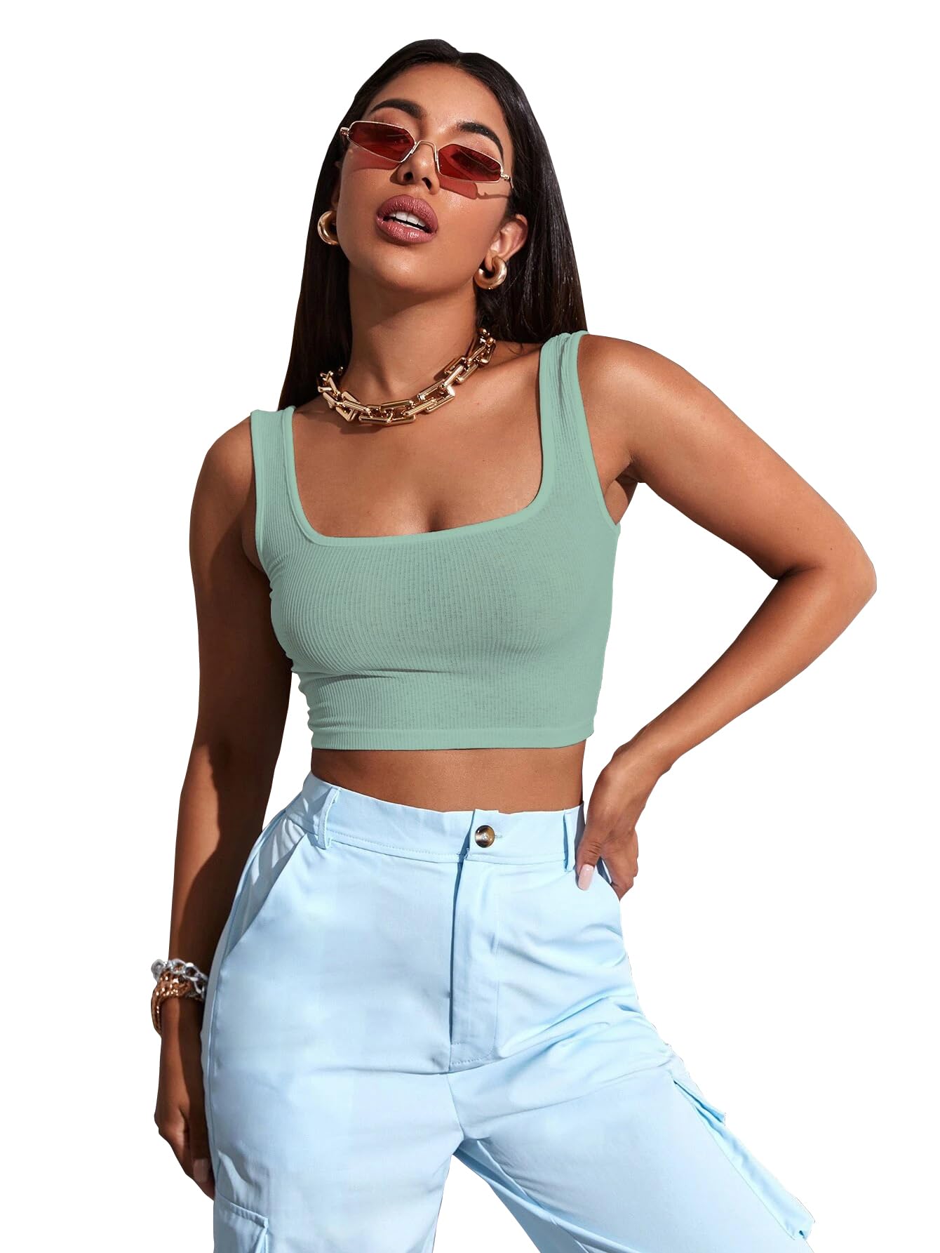 Sugathari Womens & Girls Solid Ribbed Boat Neck Sleeveless Crop Tops for Women (Top 36 Teal L)