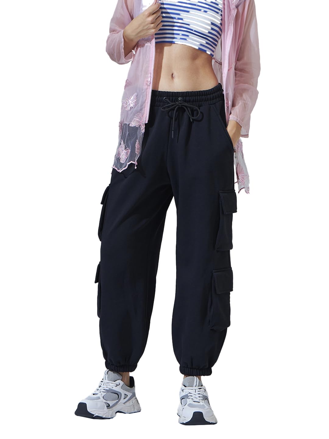 Bewakoof Air 1.0 Womens Solid Super Loose Fit Polycotton Cargo Joggers_624640_Black_2XL