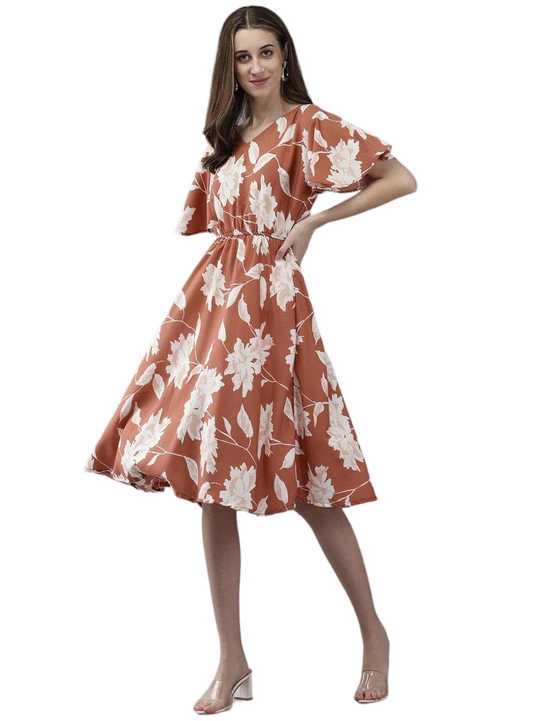 Aarika Womens Crepe Fit and Flare Knee-Length Dress (New_DR-AW-055_Brown