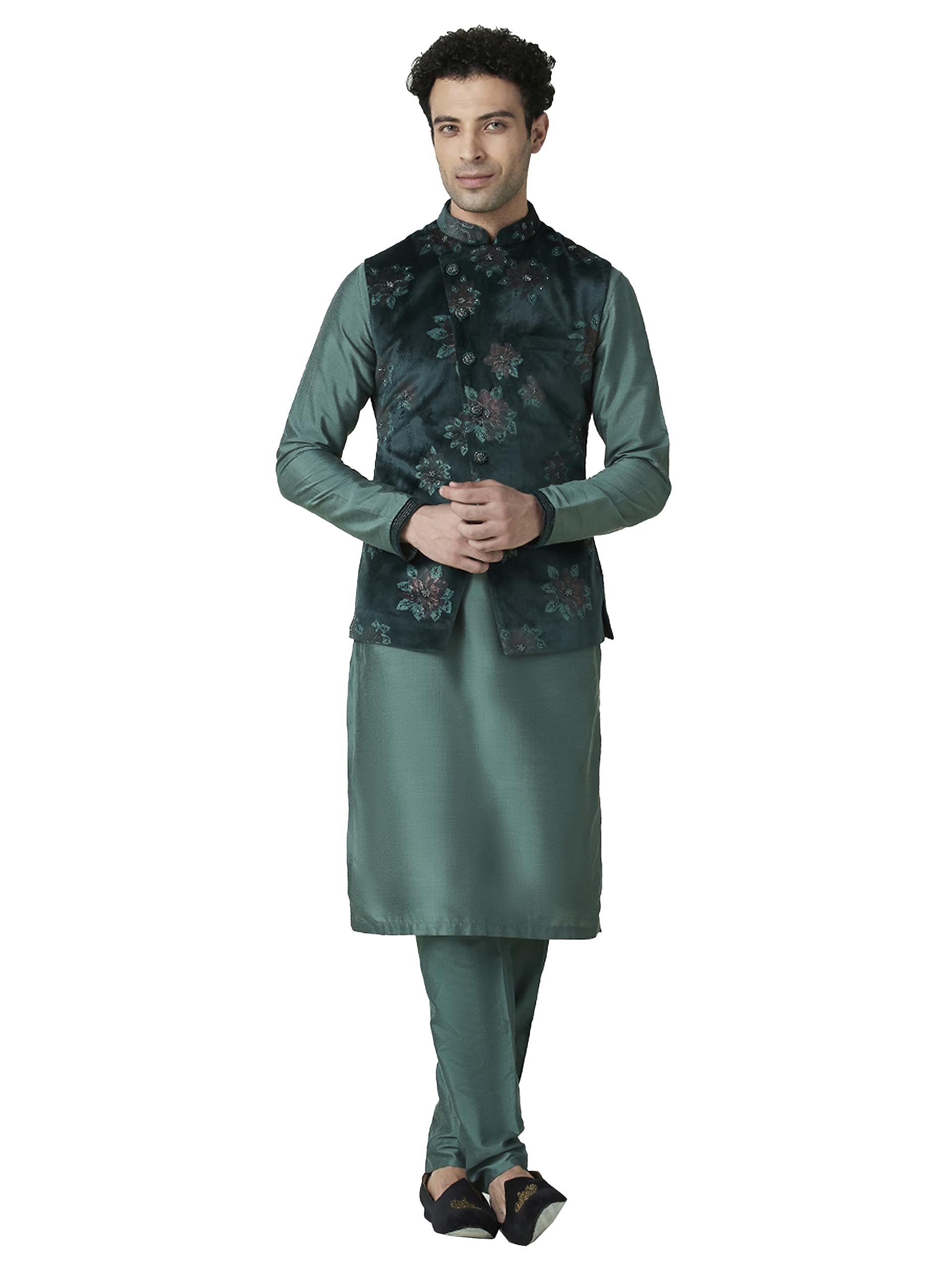 Manyavar Mens Blended Viscose Regular Fit Traditional Full Sleeves Jacket Payjama Set (Green, XXL)