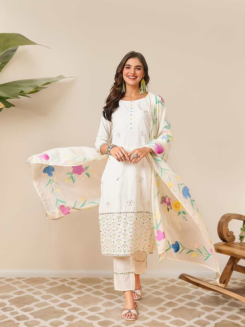 Ishin Hand Painted Floral Kurta With Pants And Dupatta/