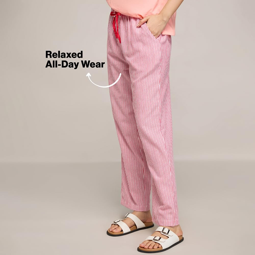 NYKD (NYS141 Striped Pure Cotton Pyjama Sleepwear Pants for Women | Relaxed Fit with Non-Slip Elasticated Waistband, Adjustable