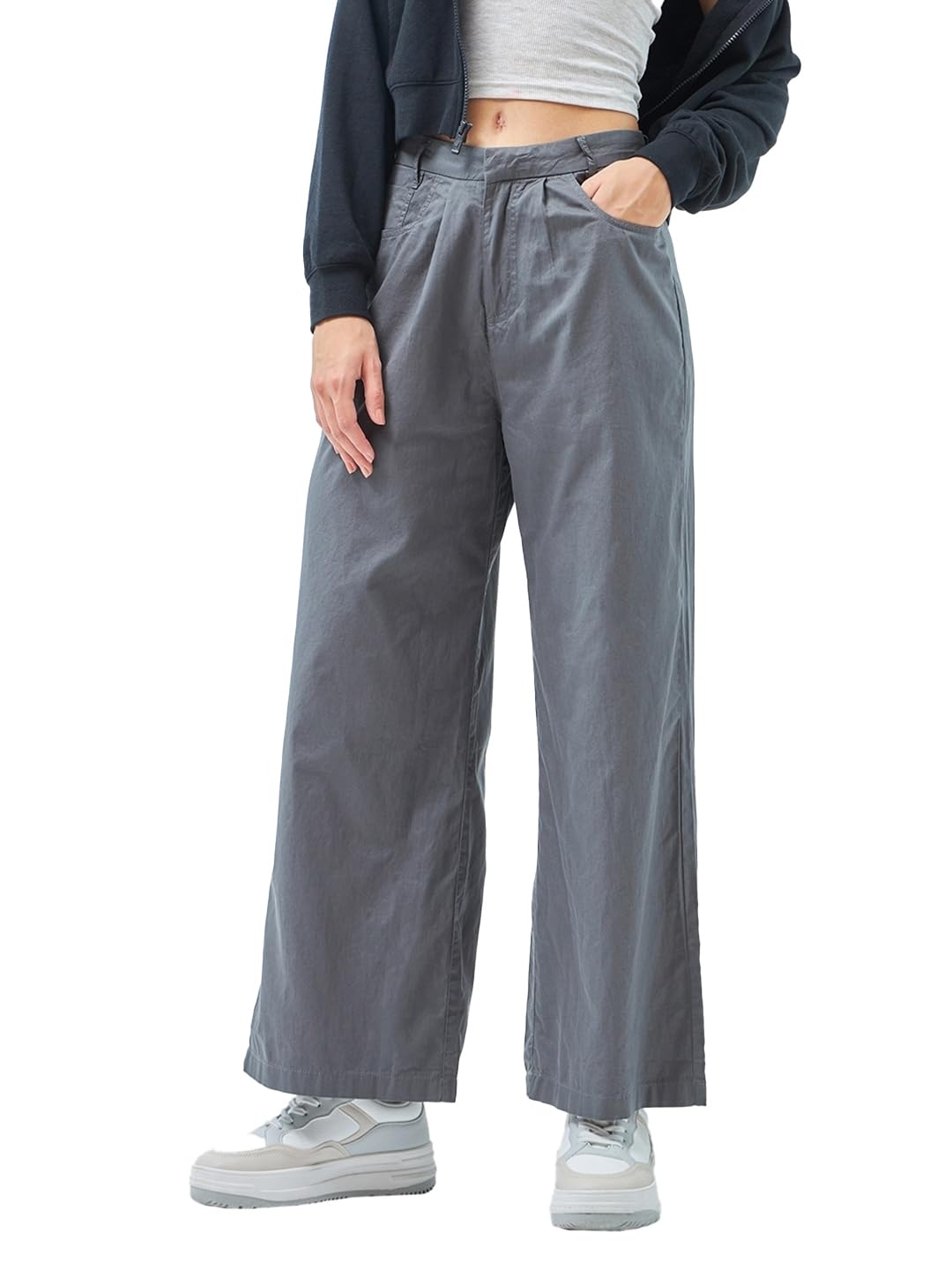 Bewakoof Womens Solid Super Loose Fit Cotton Baggy Wide Leg Pants_ 620031 Grey_ 32