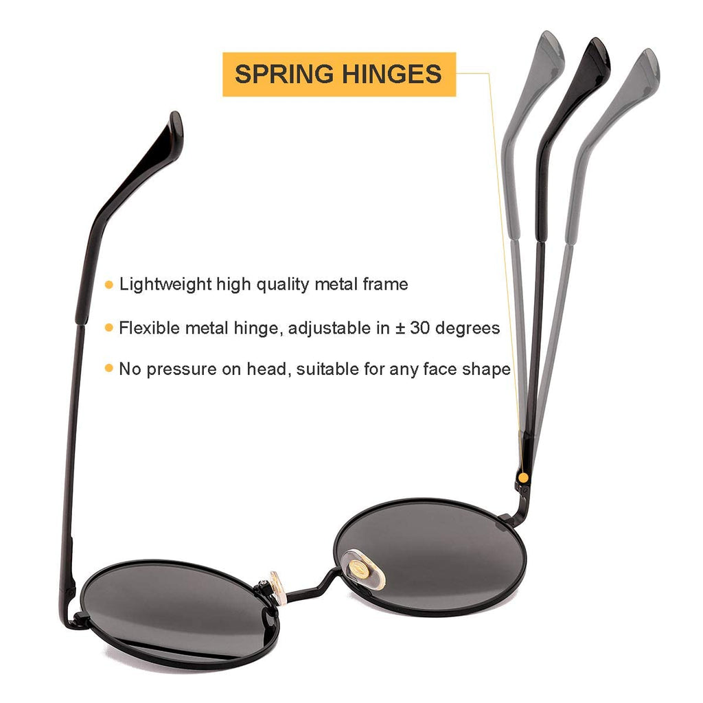 Gleyemor Polarized Round Sunglasses for Men Women Hippie Small Circle Glasses Red Yellow Lenses (Black/Grey)