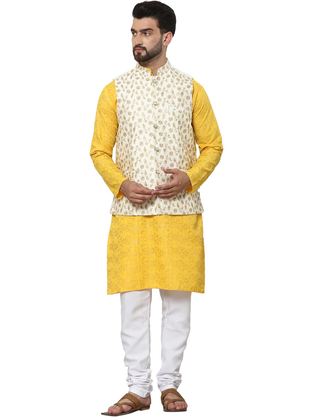 SOJANYA (Since 1958 Mens Cotton foil Printed Mustard Kurta and White Pyjama with Embroidered Cream Nehru Jacket