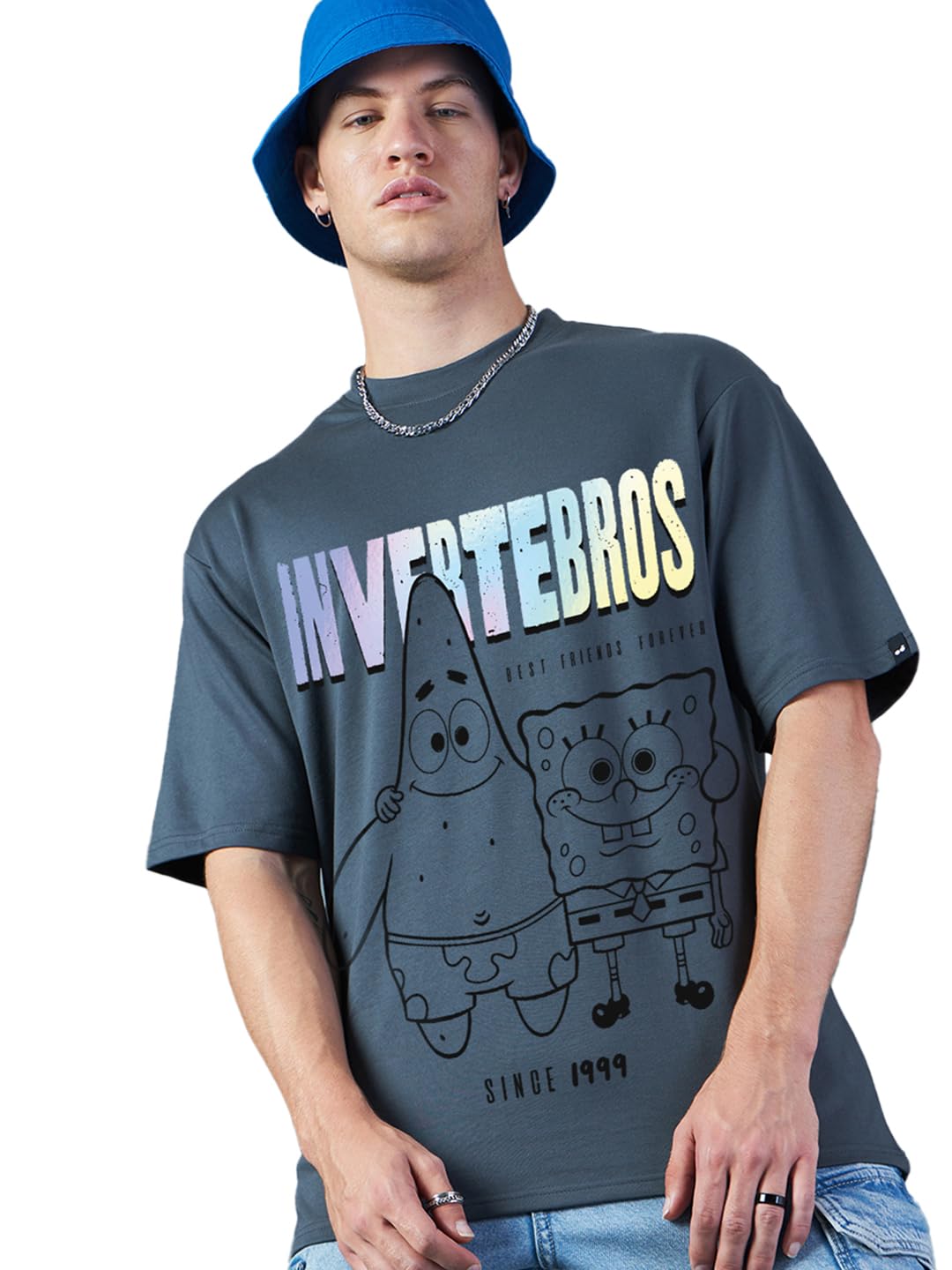 Bewakoof Heavy Duty 1.0 Official Merchandise Spongebob MenS Graphic Printed Oversized Fit Half Sleeve Round Neck Terry T-Shirt_