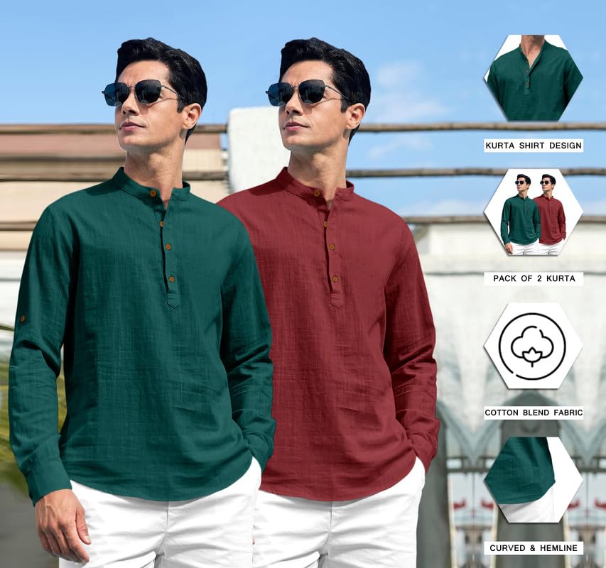 ROYALSCOUT Combo of Mens Solid Cotton Blend Full Sleeve Straight Kurta Shirt (Pack of 2) Green-Maroon