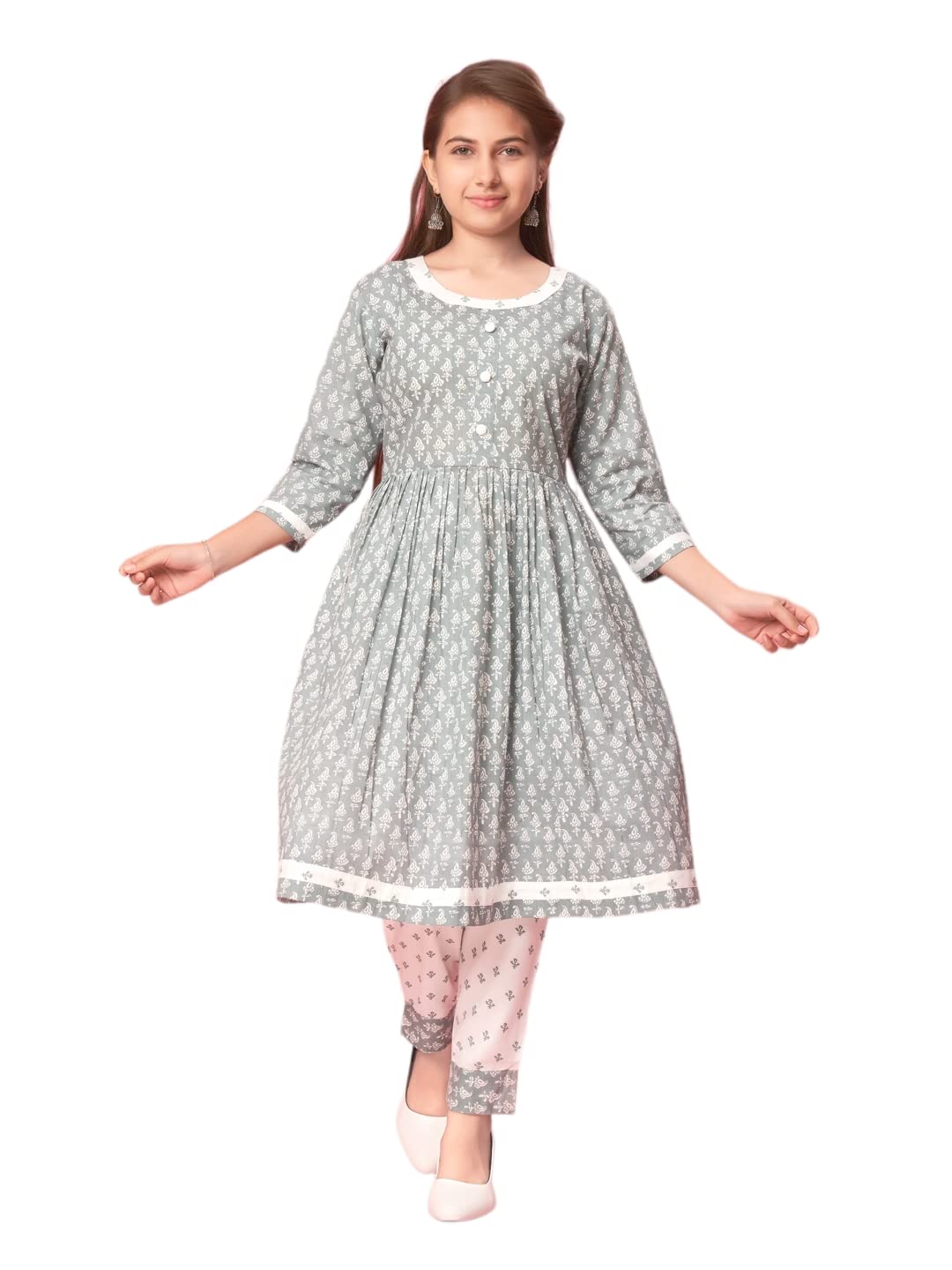 Aarika GirlS Cotton Kurti Pant Set (New_Kp-K-481_Grey-White