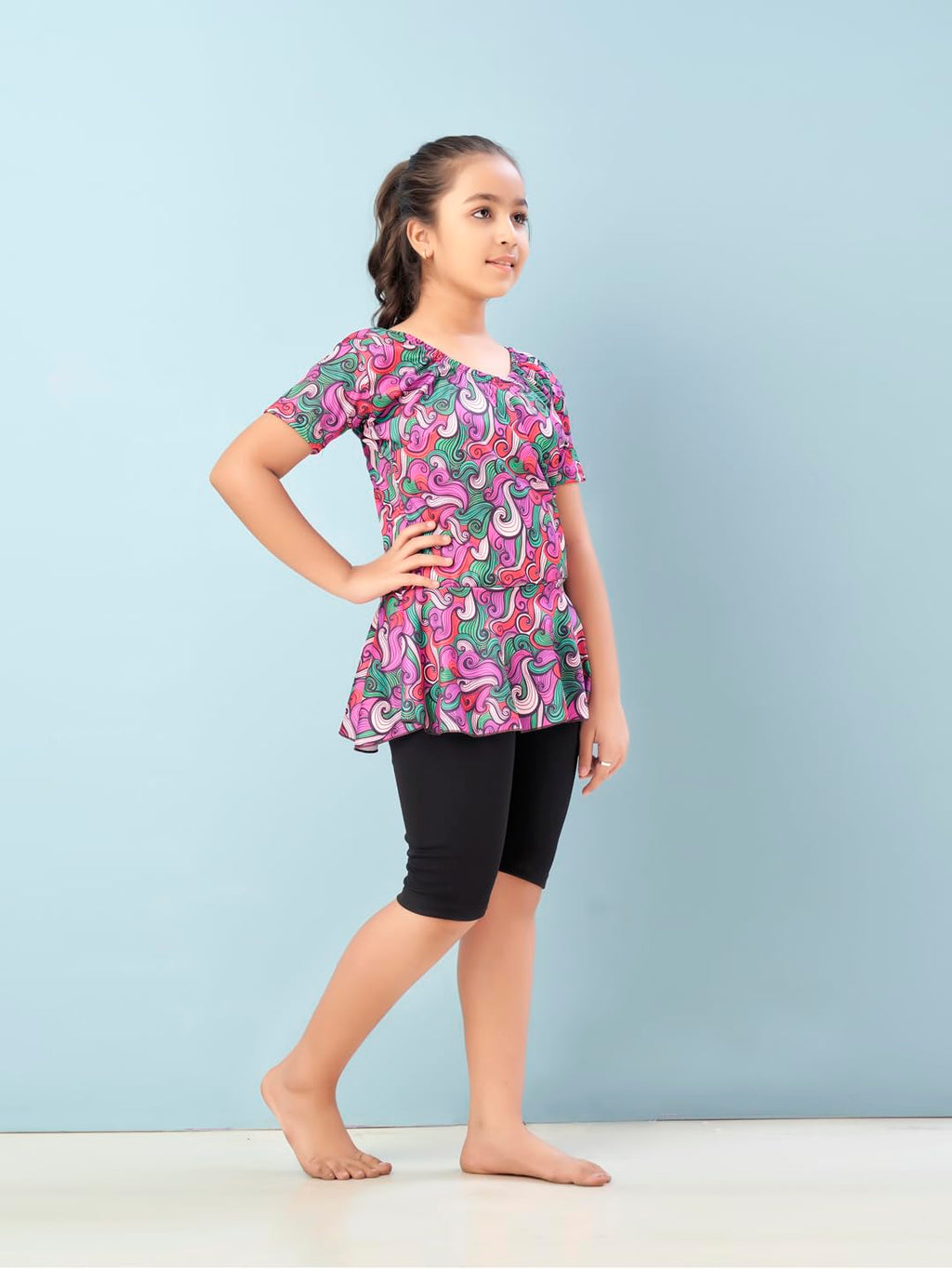 Aarika Girls Sports Wear Purple-Black Colour Abstract Print Nylon Swim Suit (5-15 Years)-(SW-SHM-CA-1118)