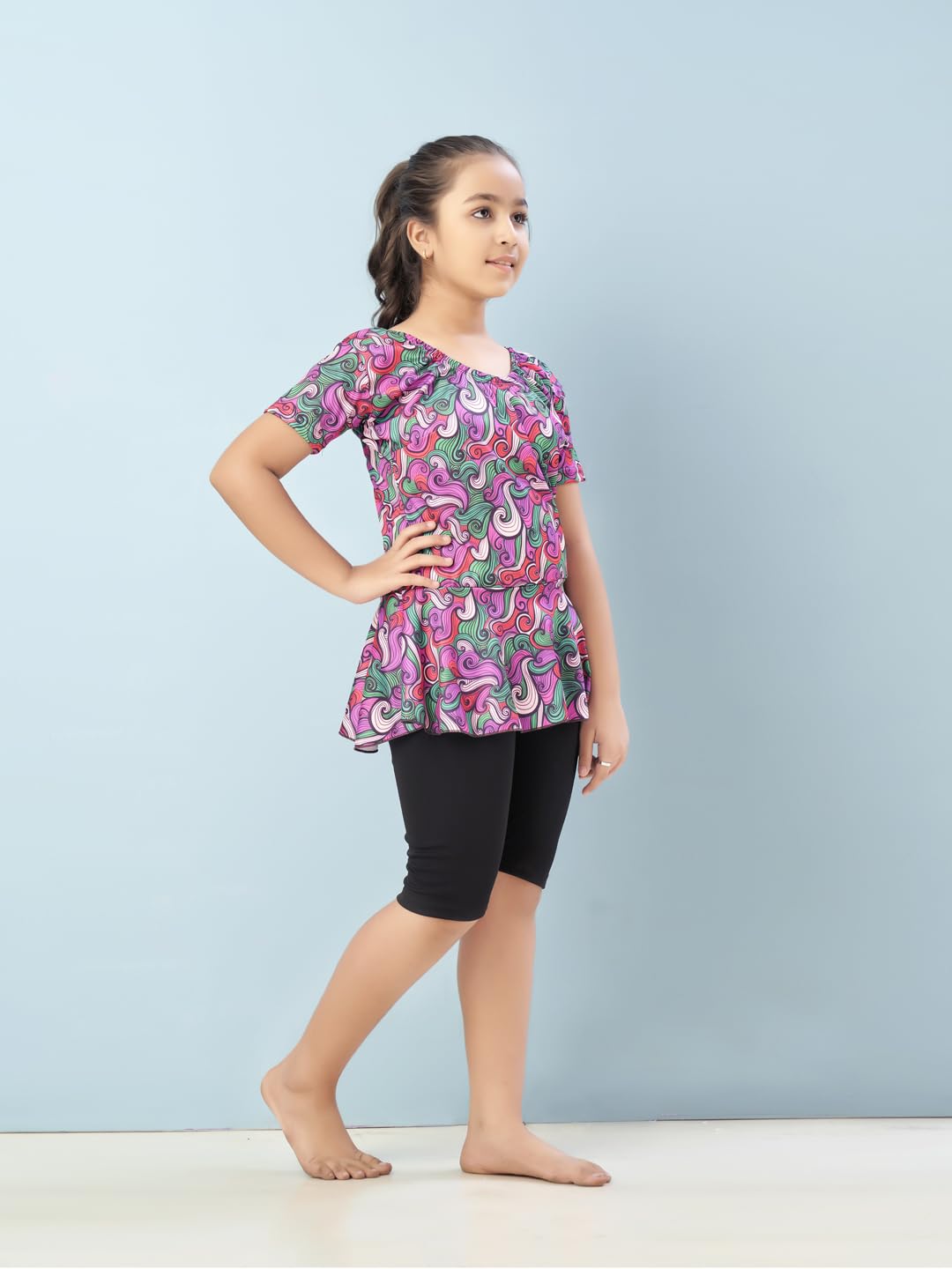 Aarika Girls Sports Wear Purple-Black Colour Abstract Print Nylon Swim Suit (5-15 Years)-(SW-SHM-CA-1118)