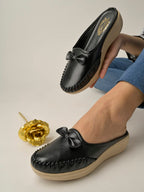 Shoetopia Upper Bow Detailed Black Slip-On Loafers for Women & Girls