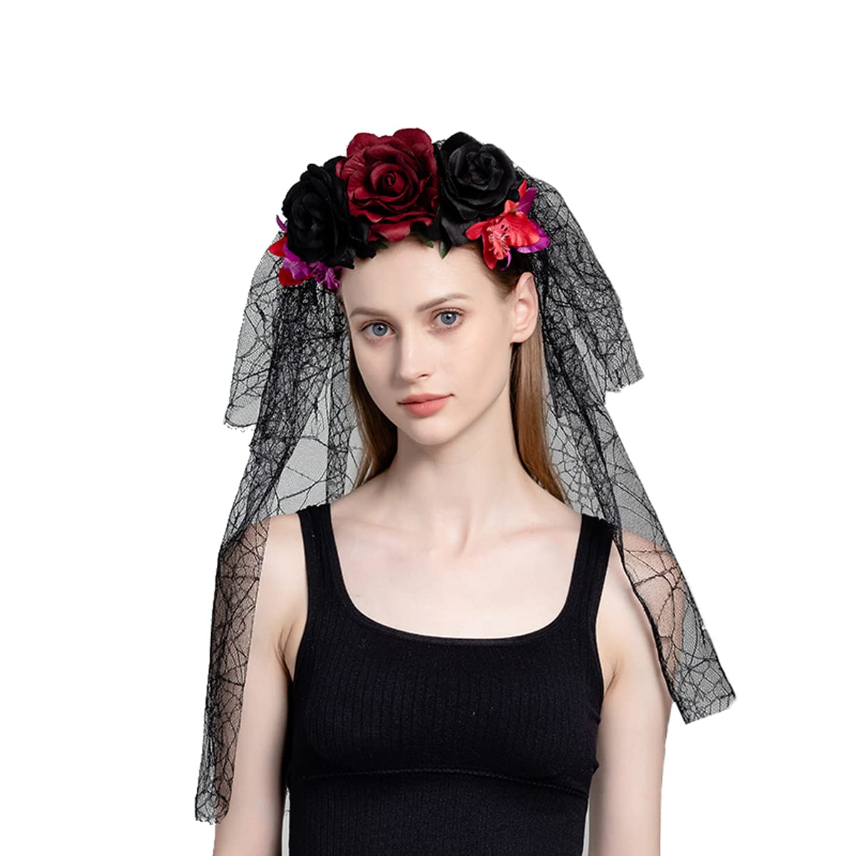 June Bloomy Day of the Dead Headpiece Rose Floral Crown Veil Halloween Costume Mexican Headband (D-Veil Burgundy Black)