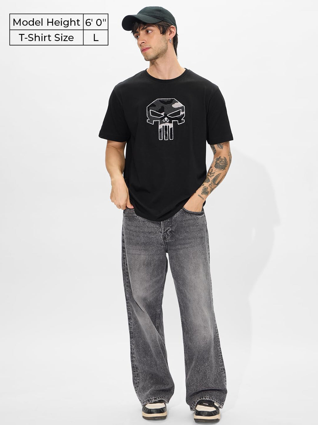 The Souled Store Official Punisher: Its Time Men and Boys Short Sleeves Round Neck Black Embroidered Cotton Regular Fit T-Shirt
